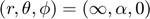 $(r,\theta,\phi)=(\infty,\alpha,0)$